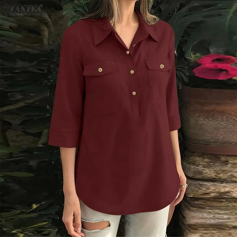 ZANZEA Mode Frauen Hemd Herbst Büro Arbeit Bluse Vintage Revers Hals 3/4 Hülse Tops Frühling Casual Solide Tasten Busas Tunika