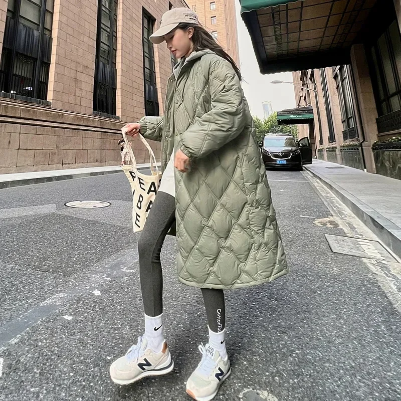 

Long Over Knee Loose Jacket Diamond Grid Quilted Jacket Fake Two-Piece Parka 2025 Autumn Winter New Down Cotton Jacket Women's