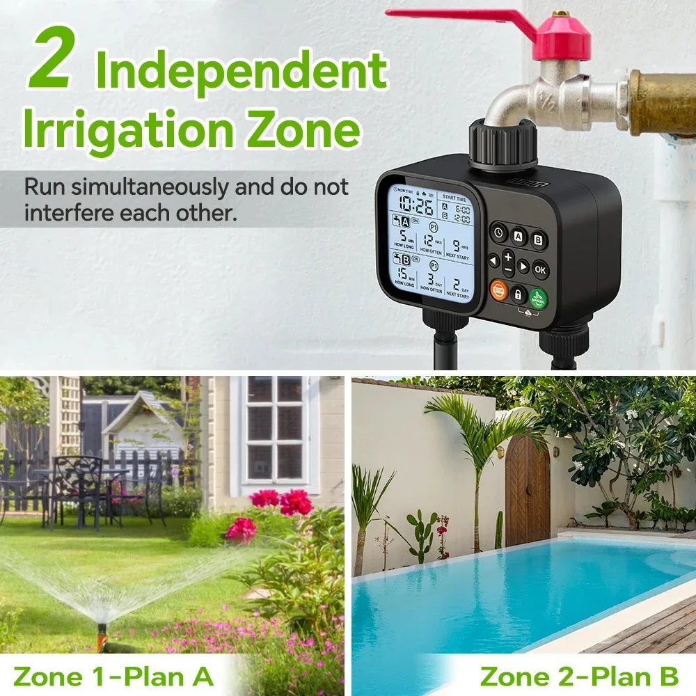 Smart 2-Outlet Irrigation Timer with Backlit LCD Display Rain Sensor for Outdoor Garden Automatic Irrigation Watering System