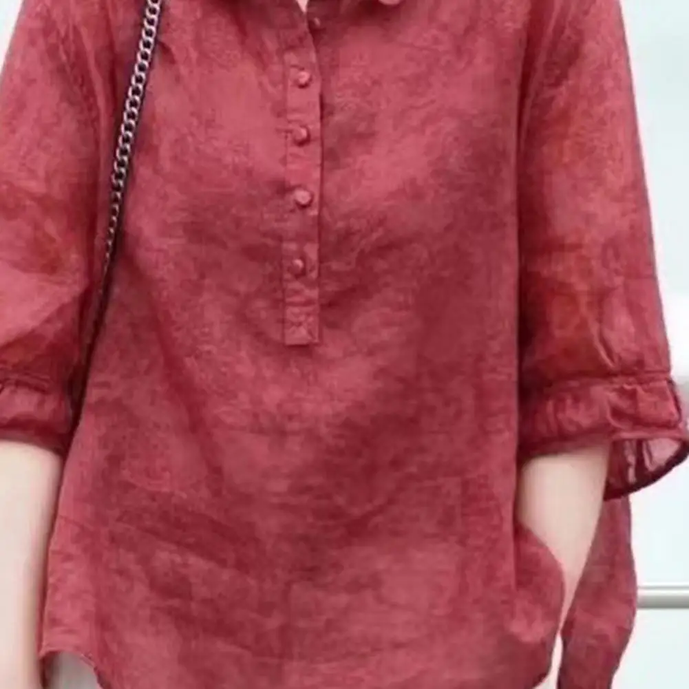 Women Shirt Half Sleeve Lapel Buttons Neckline Pullover Tops Jacquard Print Loose Fit Solid Color Thin Shirt Tops