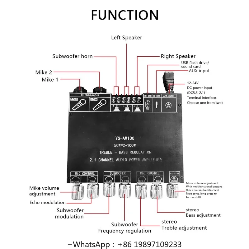 YS AM100 KTV High Power Amplifier Board Microphone Speaker Integrated Machine 2.1 Channel TPA3116D2 YS-AM100