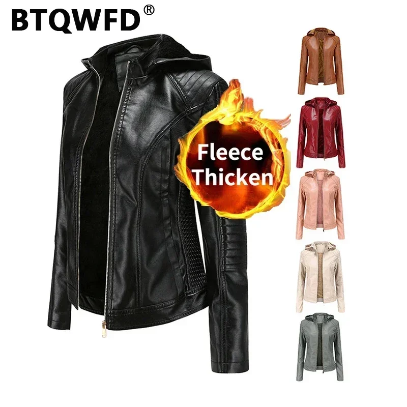 BTQWFD Thicken Jackets Women\'s Winter Coats 2024 New Female Clothing Autumn Hooded Fleece Warm Leather Outwear With Side Pocket