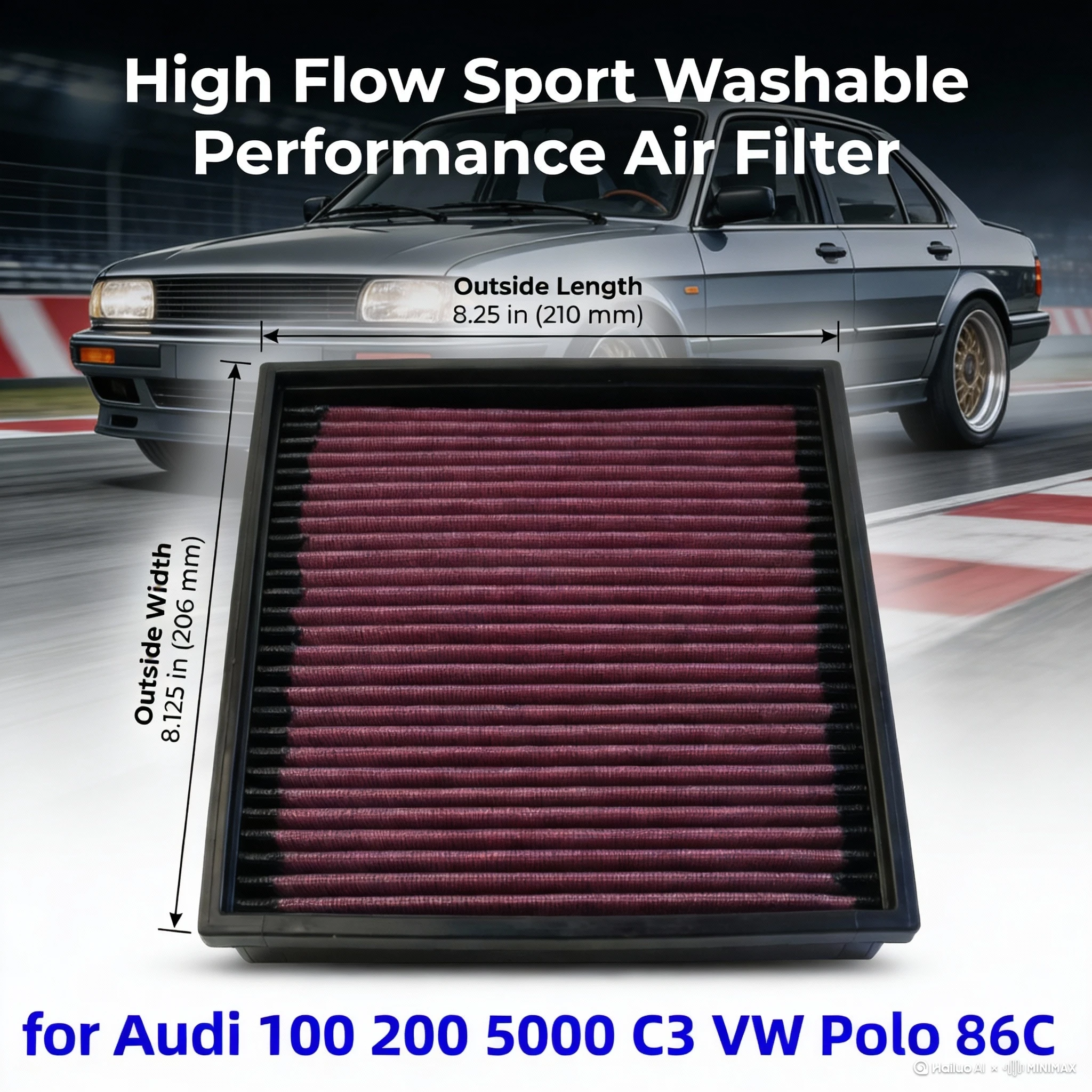 

for Audi 100 200 5000 C3 VW Polo 86C 1.8L 2.2L 2.3L Engine 1980-1991 High Flow Sport Washable Performance Air Filter 33-2003