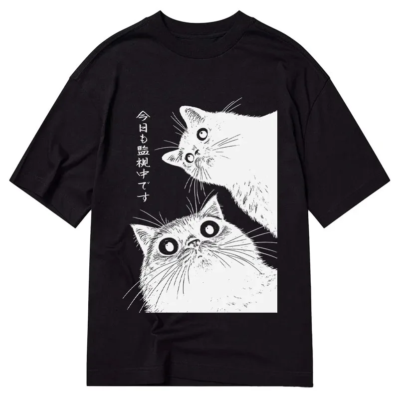 Camiseta clásica Vintage japonesa The Cat Is Watching Today con estampado de letras gráficasTop de gato divertido ropa de calle