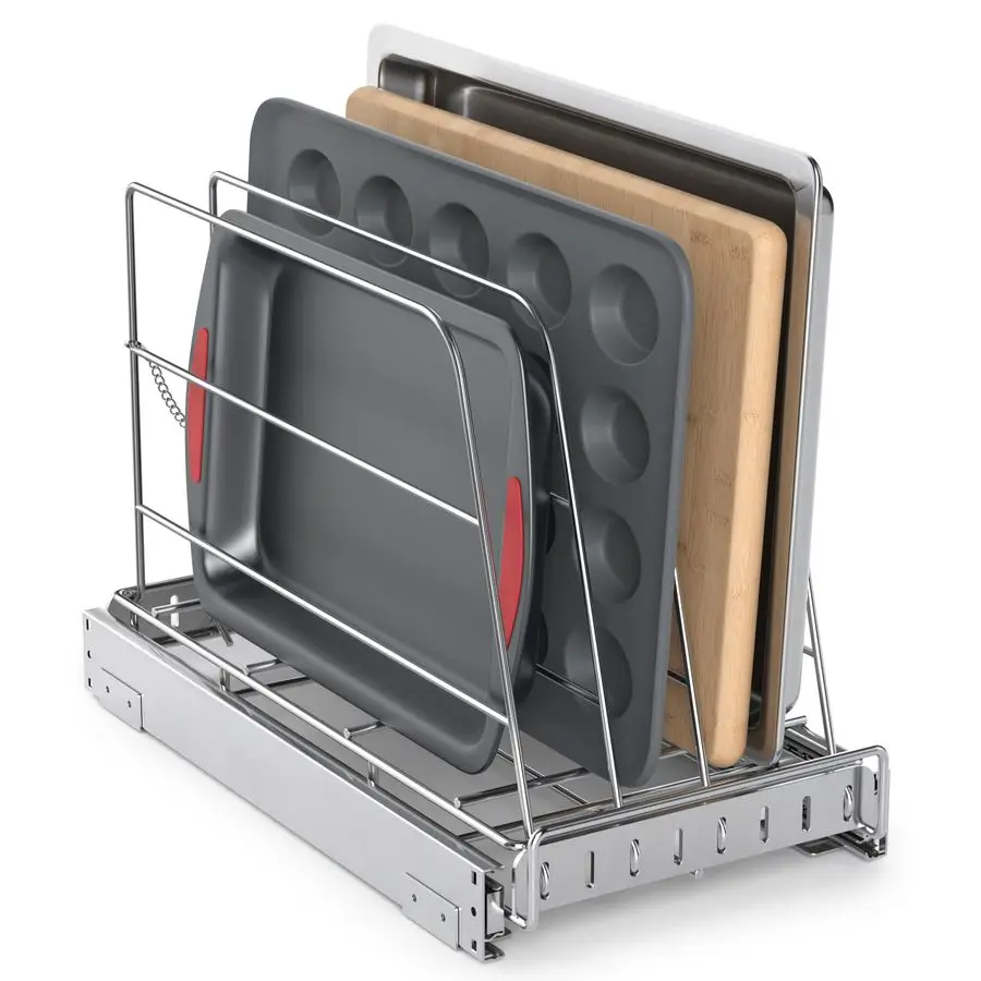Organizador de gabinete para tabla de cortar, hoja de galletas, hoja para hornear, rejilla deslizante de acero inoxidable para bandejas amp para utensilios para hornear, pesado