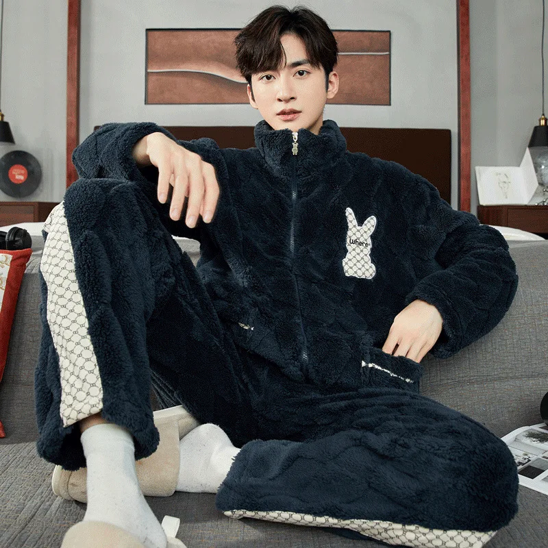 

Winter Men Pajamas Plush Thick Coral Velvet Sleep Suit Male Warm Flannel Zipper Loungewear Set Lapel Collar Pajama Sets Homewear