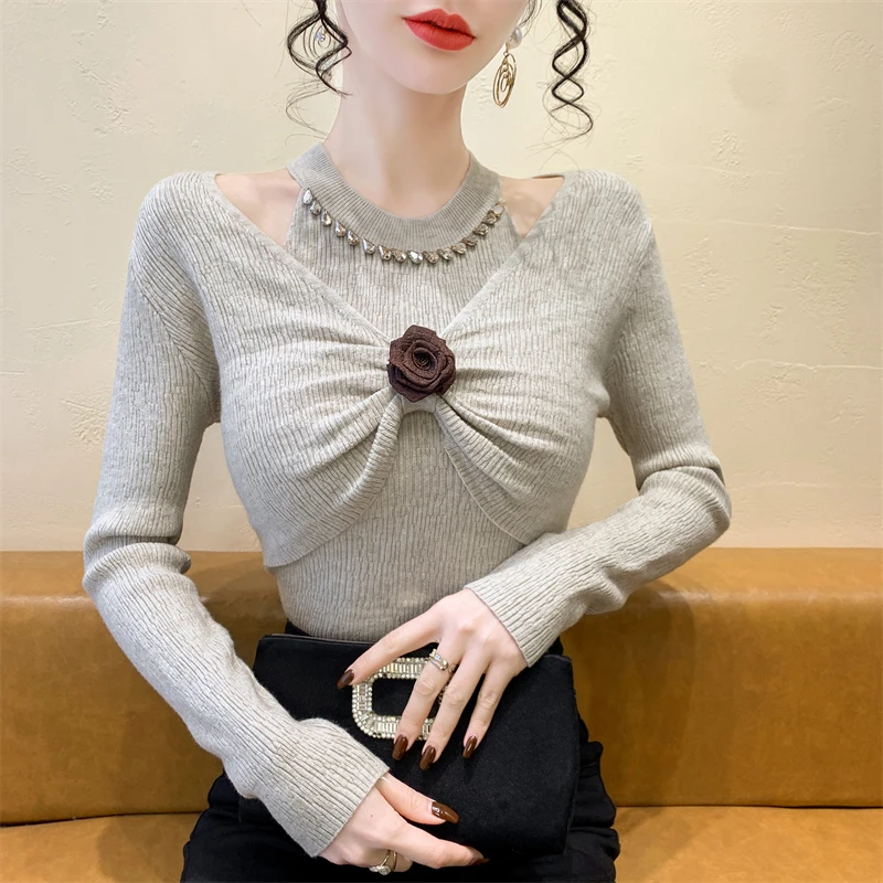 

2025, новинка, европейский, одежда, вязаный, свитер, женский, сексуальный, комплект из двух предметов, выдалбливают, бисер, 3D цветок, длинный рукав, эластичные, топы, 412122