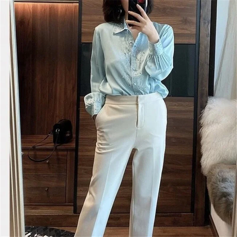 Elegant Diamonds Women Blouses New Beaded Hot Drill Shirt For Woman POLO Collar Lantern Sleeve Basic Blusas Muje OL Female Shirt