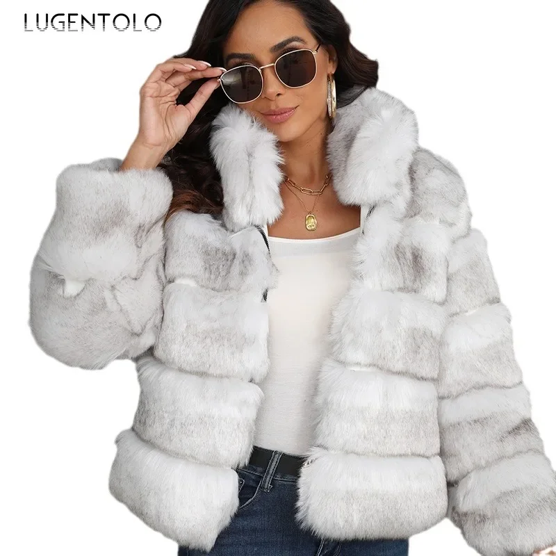 Women Faux Fur Coats 2024 New Thickened Warm Fluffy Jacket Fashion Stand Collar Cropped Zip Cardigan Tops Elegant Party Wear