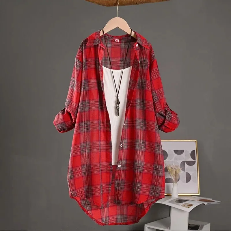 

Style Red Checkered Shirt for Women mid to Long Loose and Lazy Covering The Buttocks Perfect for Sun Protection and Outdoor Wear