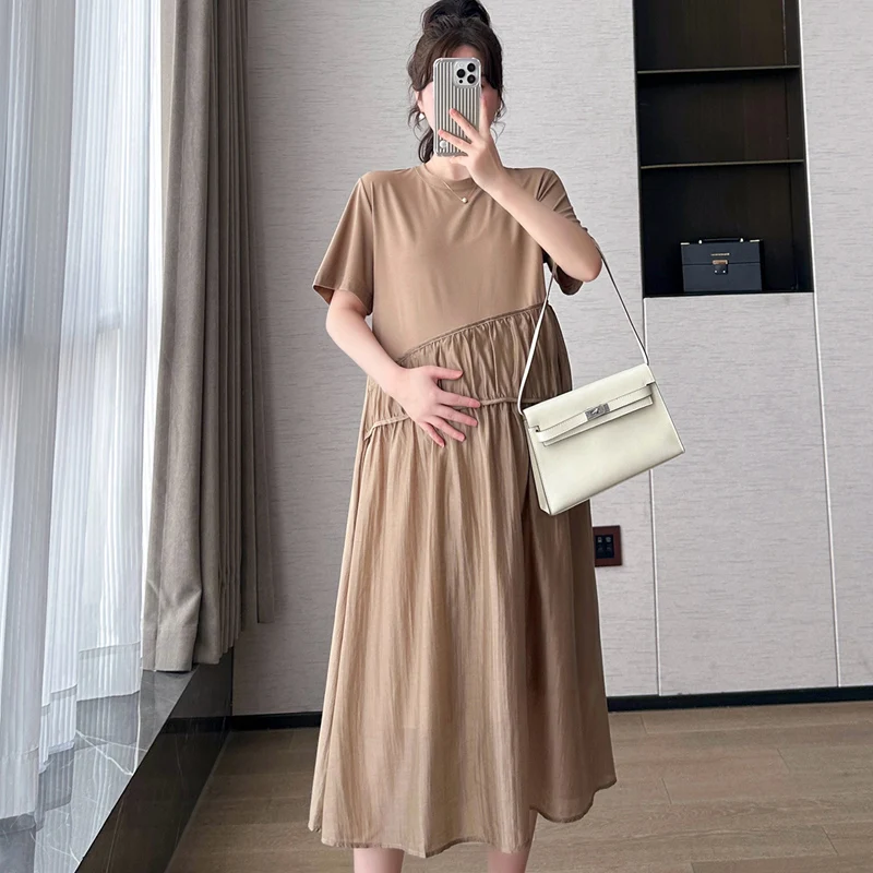 

Coffee Summer Short Sleeved Pregnant Women's Dresses Chiffon Patchwork High Waist Maternity Beach Dress Brief Office Lady Dress