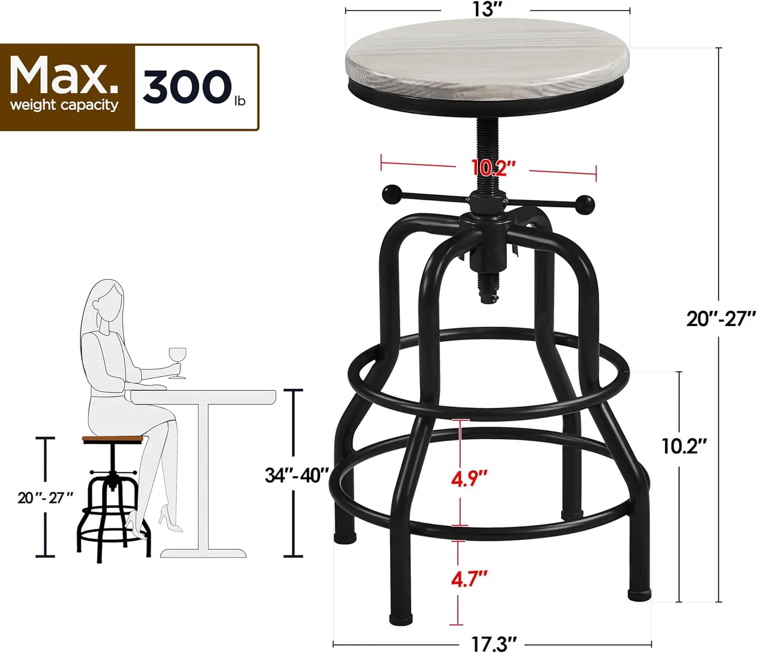 Industrial  Stool Vintage Counter Stool Rustic Counter Height  Stool Adjustable Metal Stool with Round Wood Seat Kitchen/Dining/