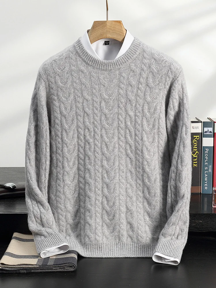 Vintage Men's O-neck Cashmere Sweater Pullover Autumn Winter Twist Flower 100% Cashmere Knitwear Thick Long Sleeve Soft Clothing