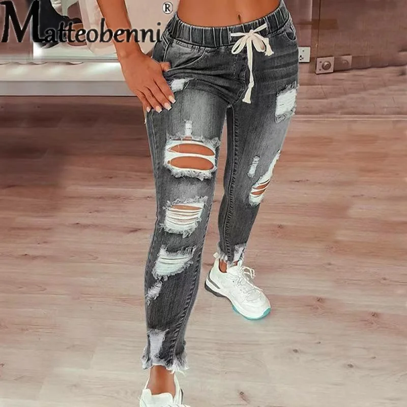 Vintage Broken Holes Elastic Waist Lace-up Pencil Jeans Ladies College Style Commuter Casual Denim Pants Women Fashion Trousers