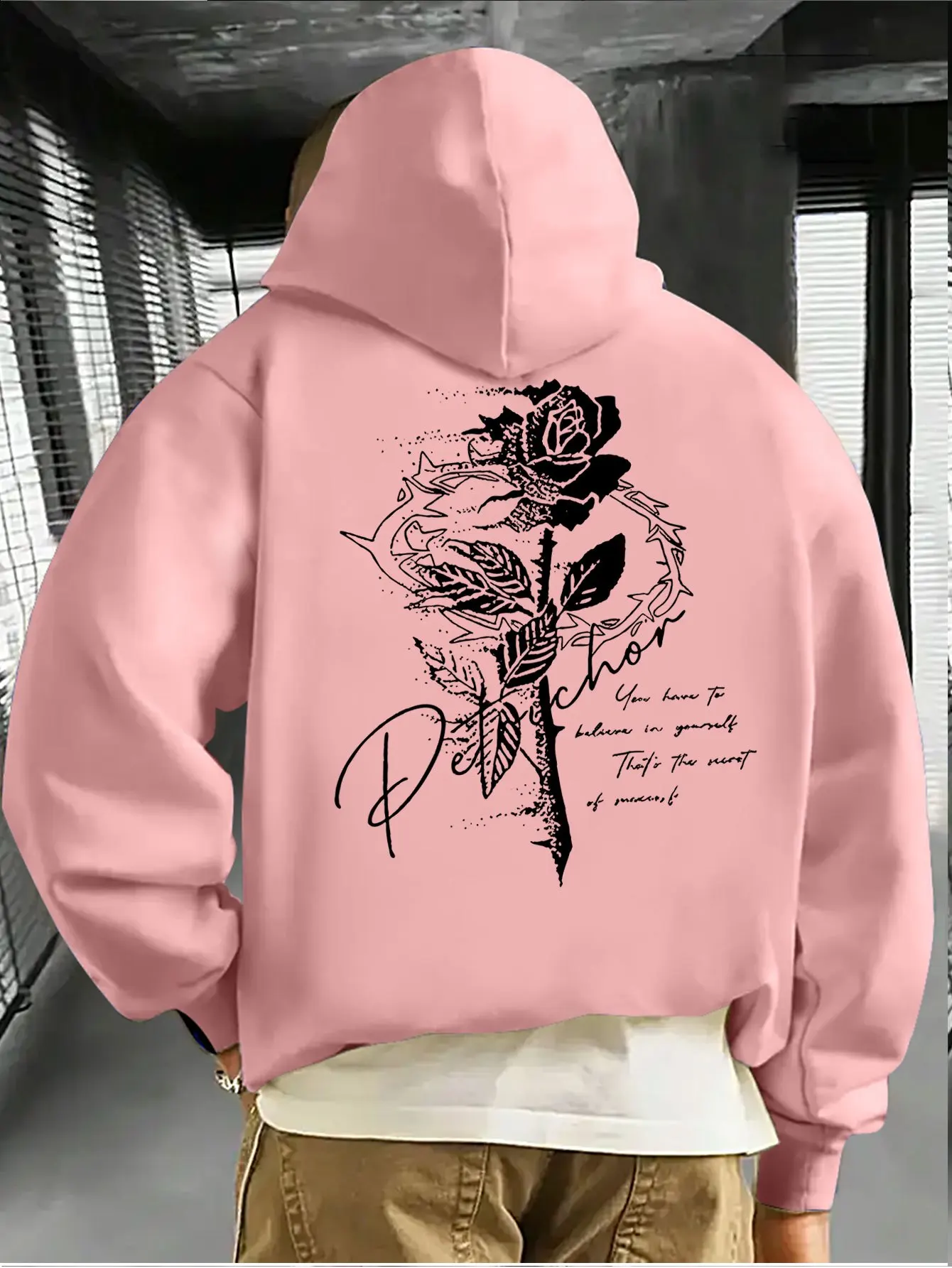 Men's Autumn/Winter Hooded Sweatshirt with Thorns and Rose Handwritten English Retro Distressed Print High Street Niche Casual