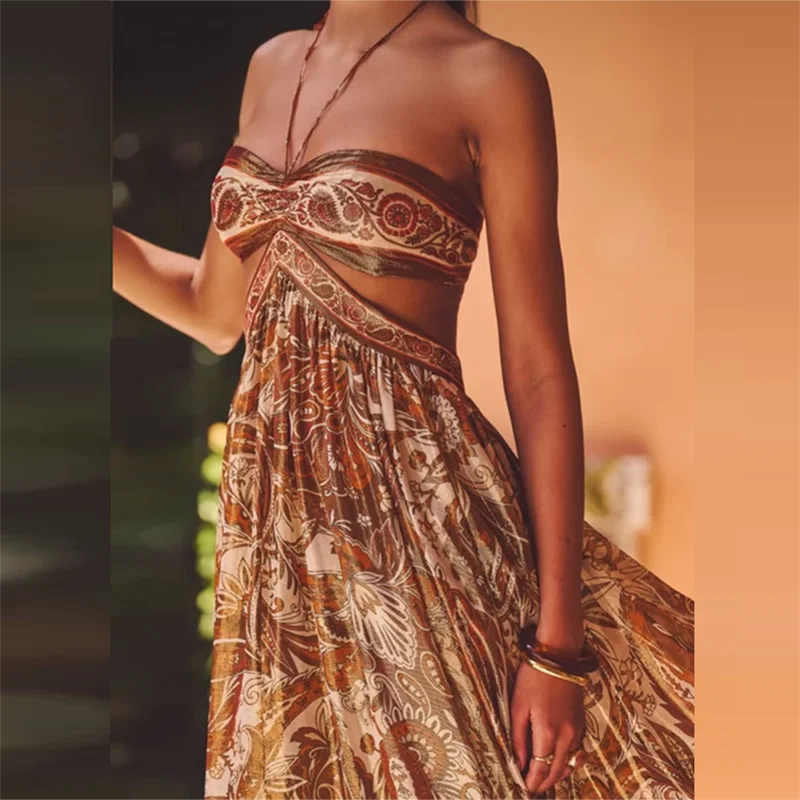 Elegant Backless Strapless Print Woman Dress Sexy Hollow Lace Up Pleated Boho Long Dresses Summer High Waist Sling Evening Dress
