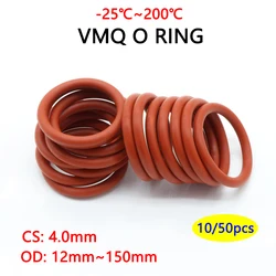10/50Pcs Food Grade VMQ O Ring Gasket CS 4mm OD 12 ~ 150mm Waterproof Washer Round O Shape Rubber Silicone Ring Red