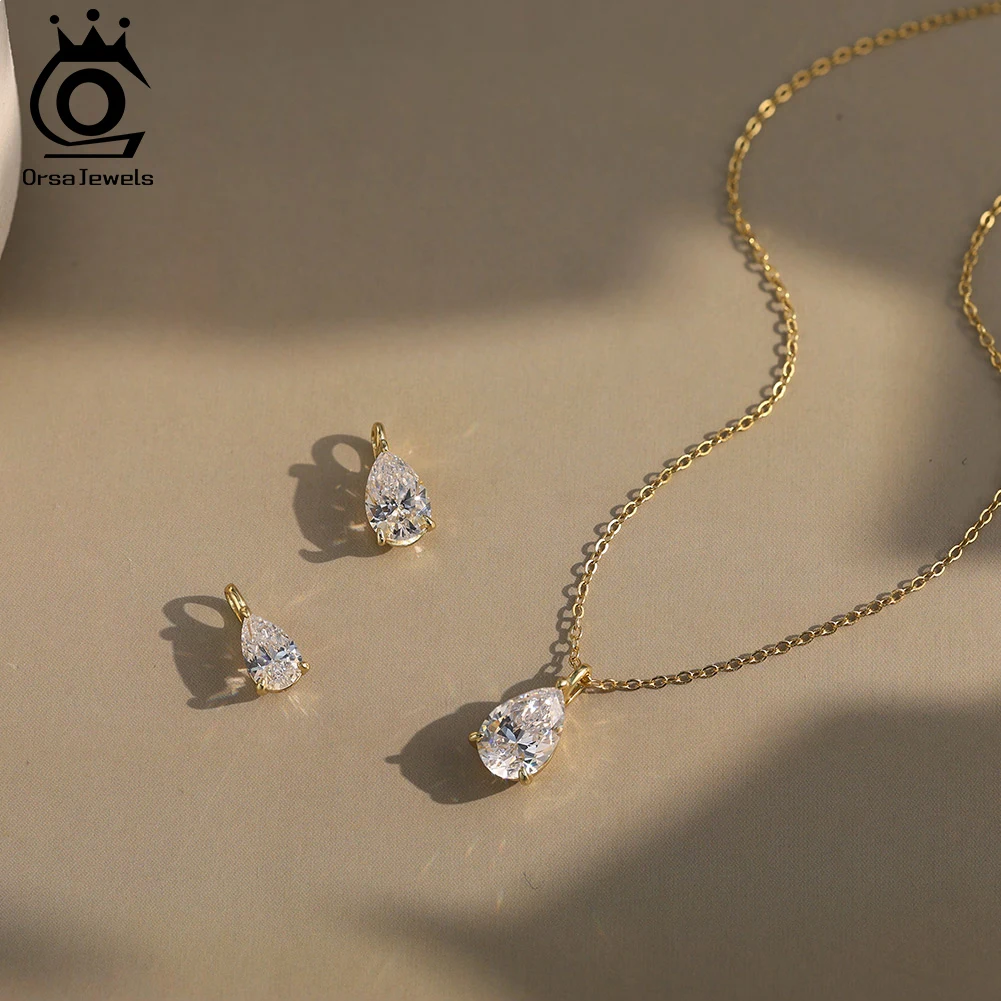 ORSA JEWELS Shiny 8A Water Drop Zircon Necklace Soild 925 Sterling Silver Simple CZ Pendant Choker Chain Girl Jewelry 45cm LZN04