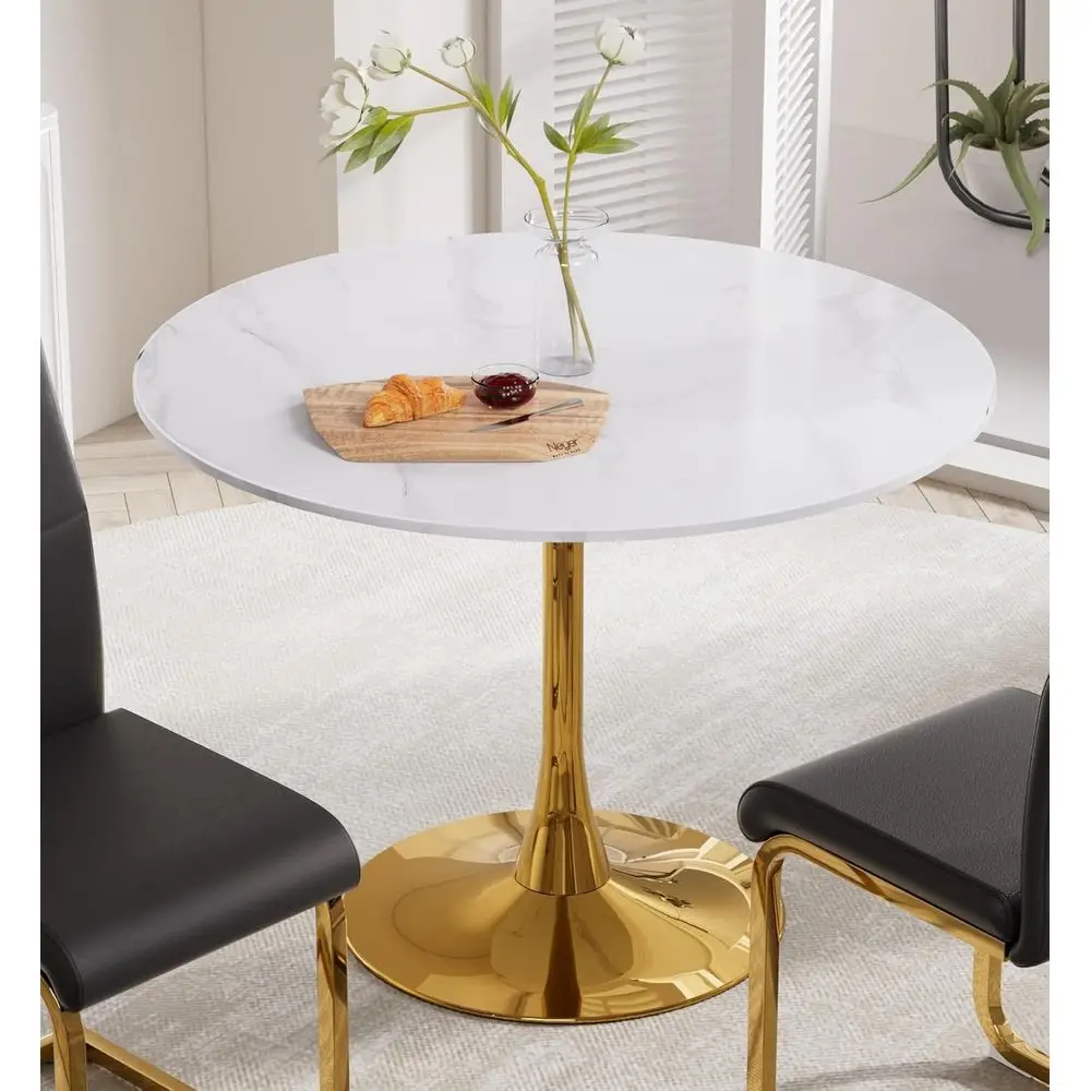 

34" Round Tulip Dining Table for 2-4 - 0.7'' Thick White Marble MDF Top & Gold Metal Base, Mid-Century Modern Kitchen Table with