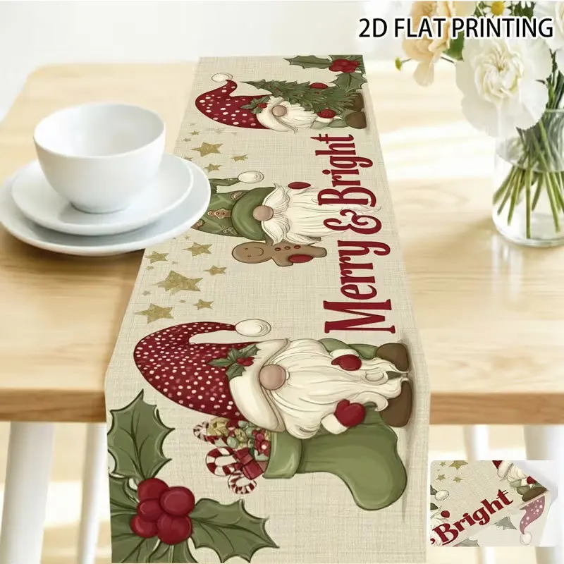 Linen Table Runner Christmas Cat with Reindeer Antlers  Light String Red Fun Holiday Table Decor  Party