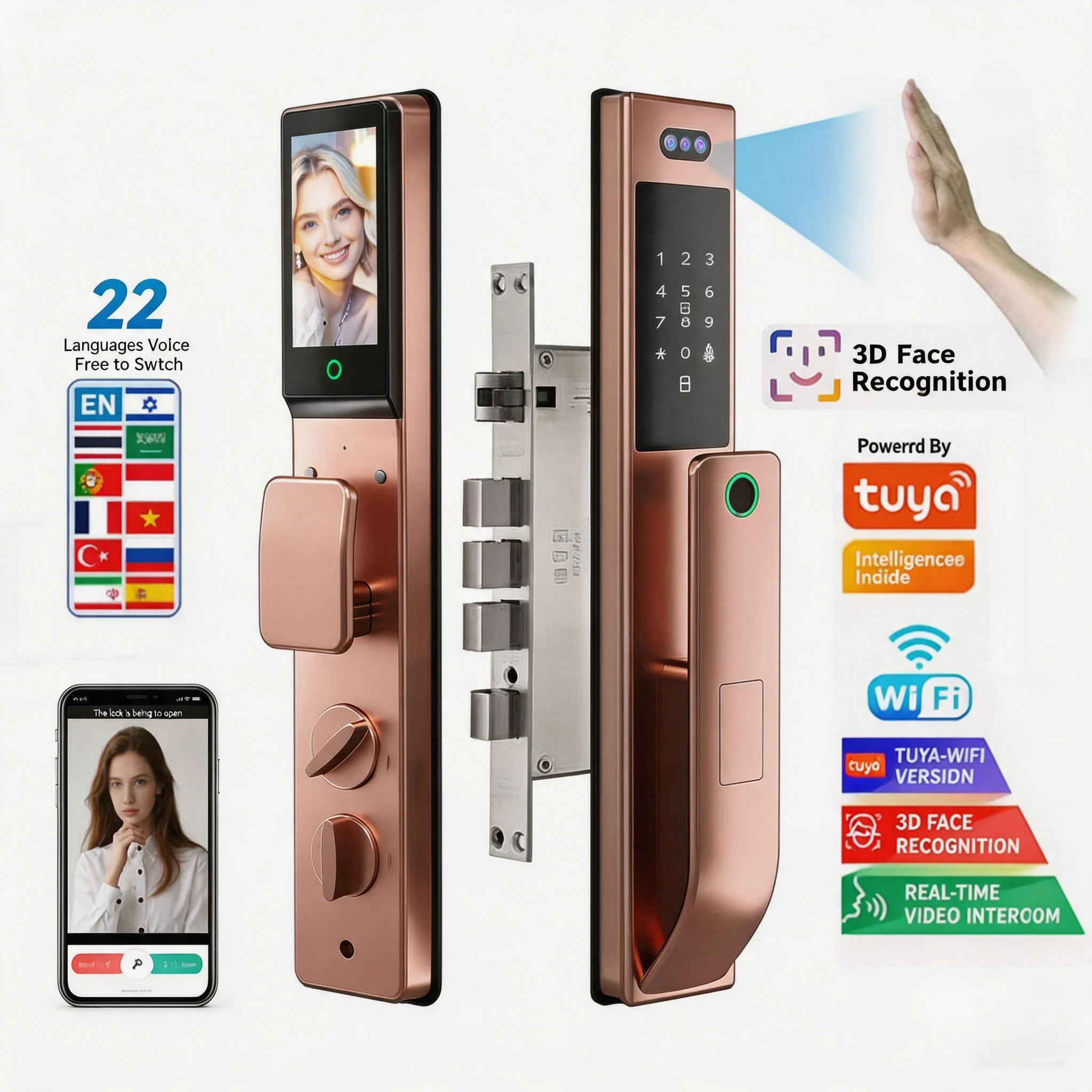 Smart Home Video Doorbell App - ระบบล็อกประตูอัจฉริยะพร้อมการจดจำใบหน้าแบบ 3D รองรับ Tuya WiFi พร้อมระบบล็อกด้วยเส้นเลือดฝ่ามืออัตโนมัติและกล้องวิดีโอความละเอียดสูงสำหรับบ้าน