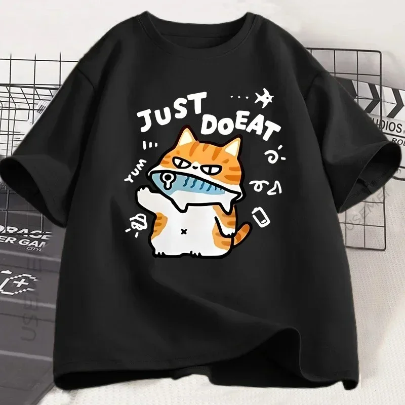 Camiseta divertida con diseño de gato Eat Fish para mujer, camisetas de verano con cuello redondo, ropa de calle para mujer, camiseta de manga corta