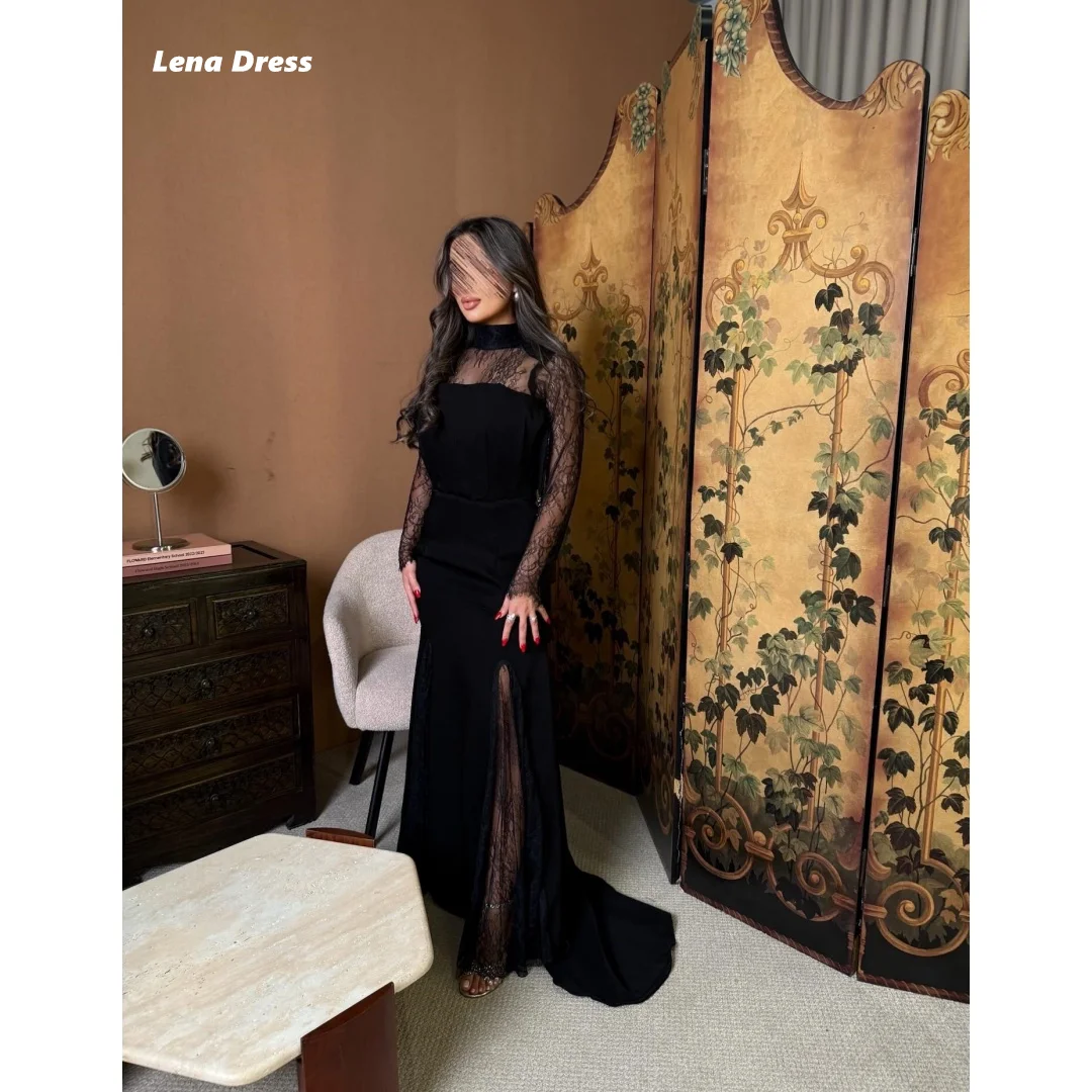 レナ カスタム エレガント パーティードレス 高級 2025 高級イブニングドレス ラウンドネック ブラック ロングスリーブ レース ローブ ソワレ ボールガウン