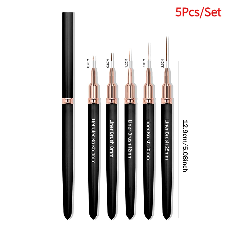 5PCS Nail Art Liner Brushes Sizes Painting Nail Design Pen 4/8/12/20/25mm Drawing Tool For Long Lines Thin Details Manicure Pen.
