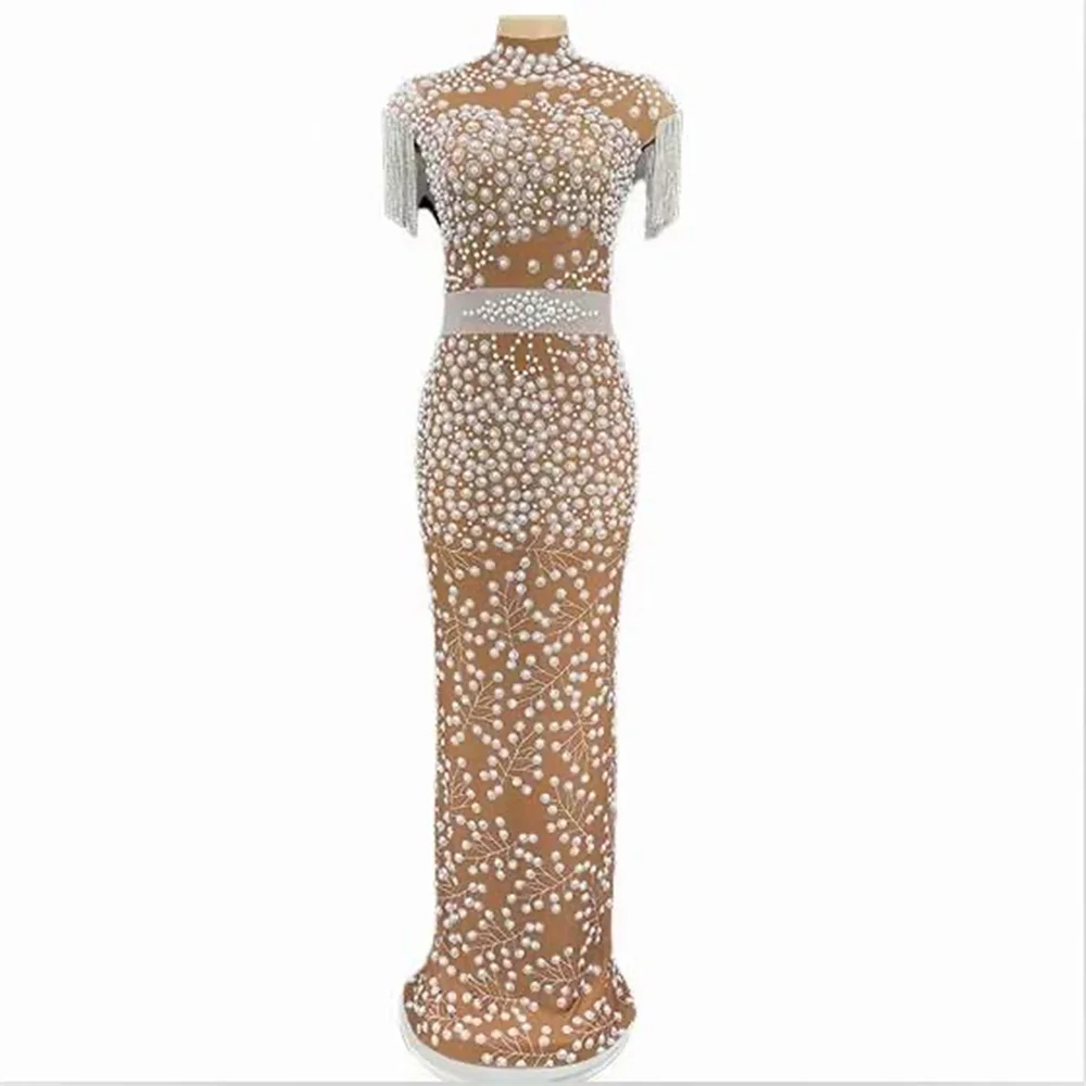 Brown Shining Pearls Tassel Sexy Women Long Dress Evening Party Club Clothing Entertainers Stage Costumes Ballroom Wears