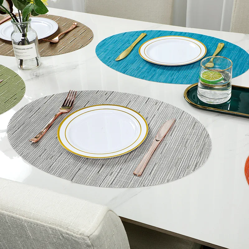 Nordic Pure Color Bamboo Pattern PVC Dining Mat Tealing Oval Western Dining Pad Anti-Slip Heat Insulation Mat