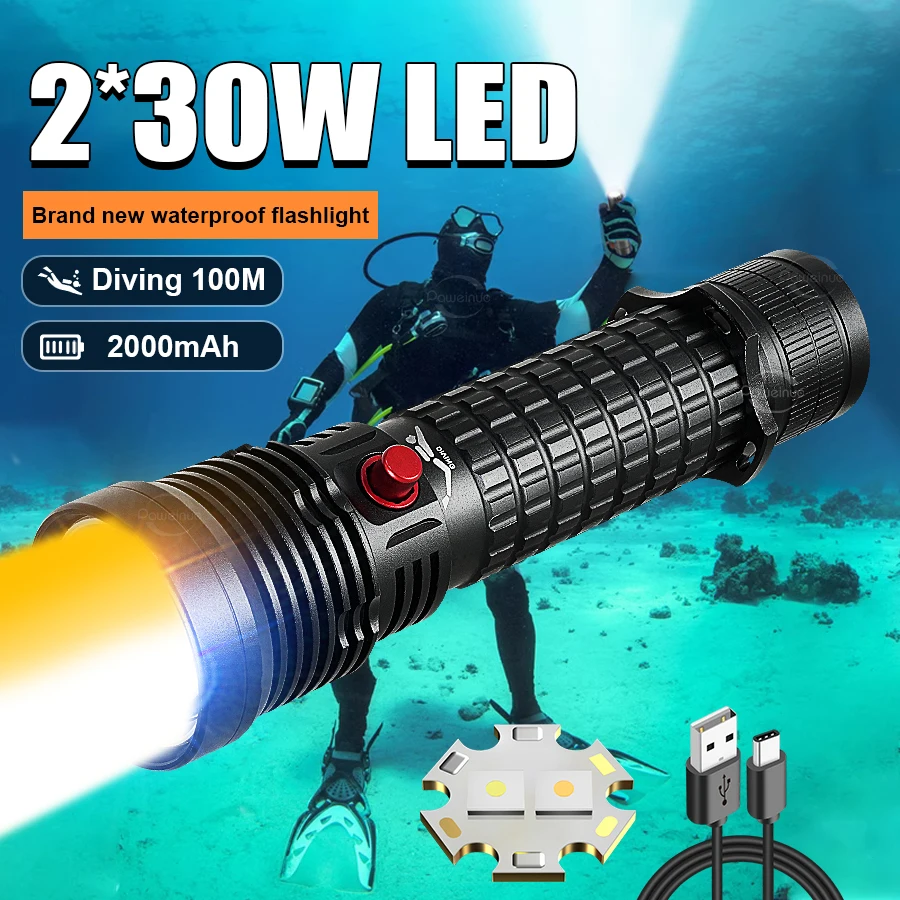

Most Powerful 2*30W LED Diving Flashlight USB Rechargeable Built-in battery Diving Flashlighs Underwater hunting Diving Lights