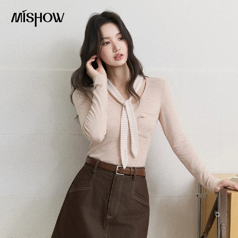 MISHOW Women's Korean V Neck Knit Tops 2026 Autumn Striped Tie Neck Long Sleeve Knitwear Slim Pocket Design Sweater MXF44T3167