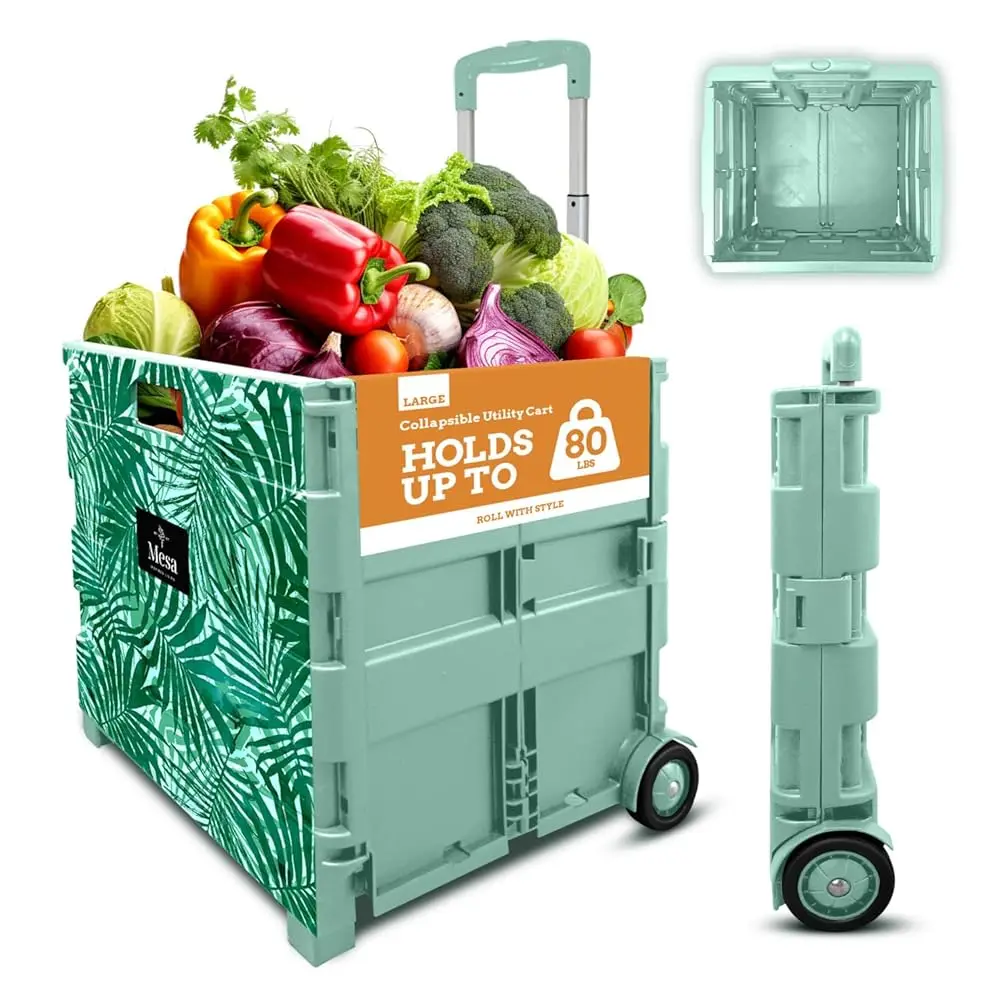 Ultra-Slim Rolling Collapsible Storage Pack-N-Roll Utility-carts, with Telescopic Handle, for Home, Garden, Shopping, Office