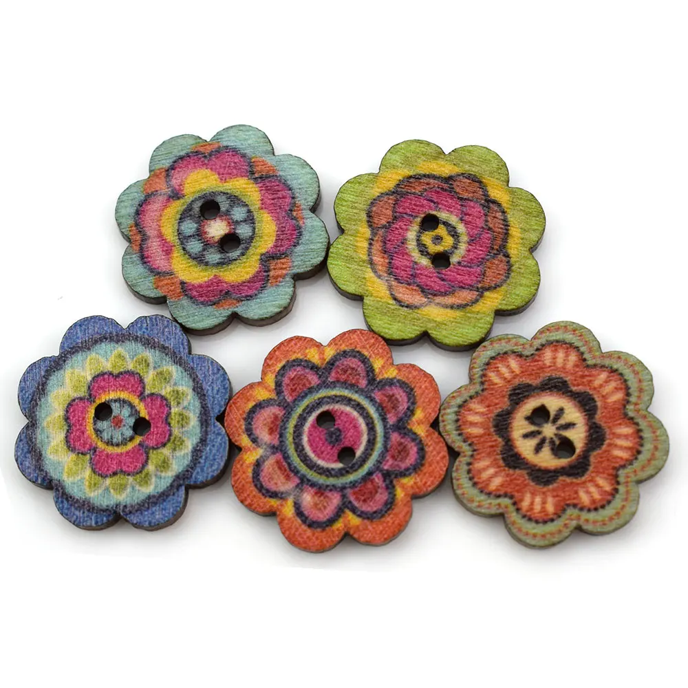 50PCS 20MM Flower Shape Wood Buttons For Clothing Sewing Accessories Wooden Crafts DIY Scrapbooking Home Decoration Supplies