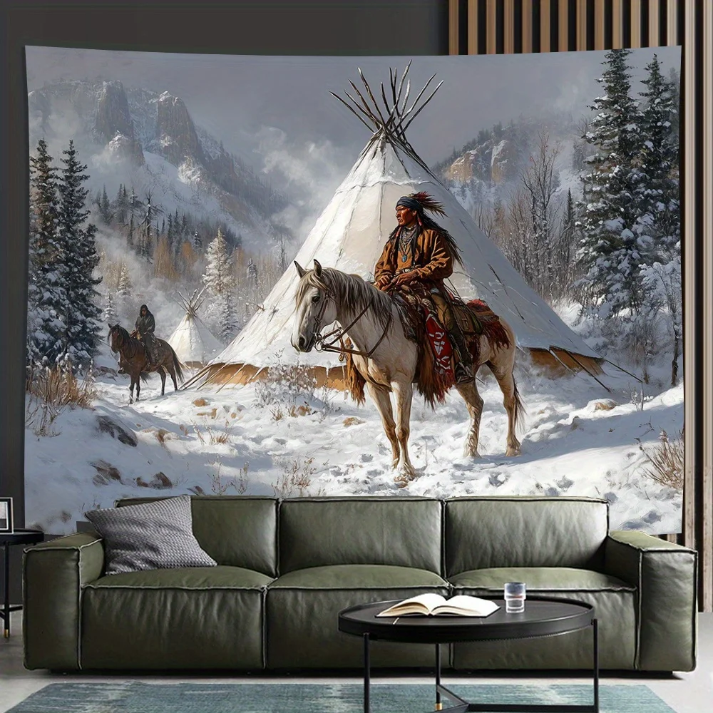 Tapiz de escena de invierno nativo americano: diseño Snowy Teepee & Rider, colgante de pared de poliéster para decoración del hogar
