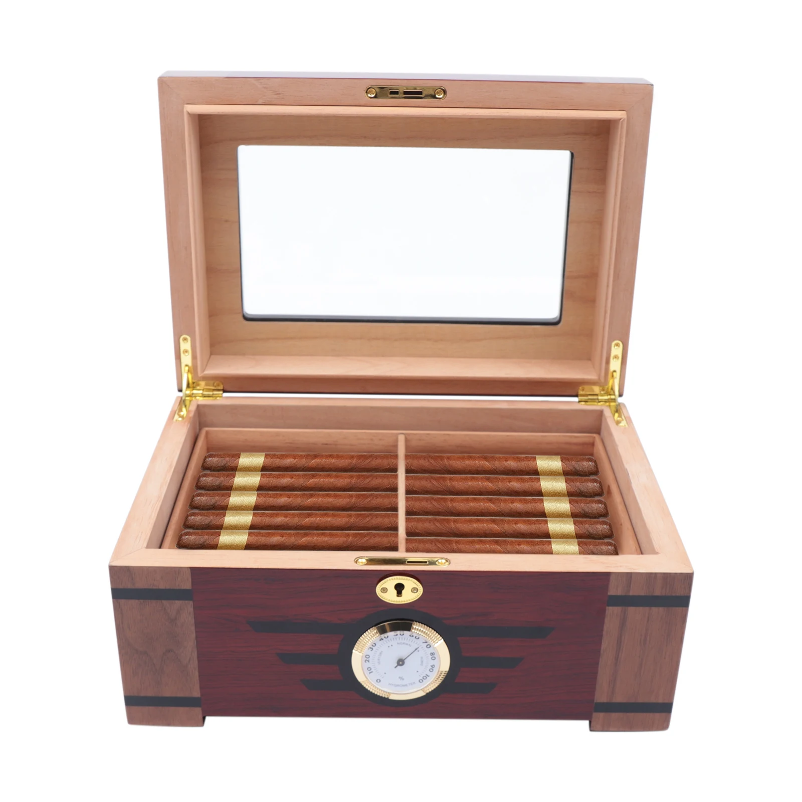 

Cigar Humidor Front Mounted Hygrometer Cedar Lined Storage Box Spanish Cedar Tray Divider, Piano Coating Finish and Transparent