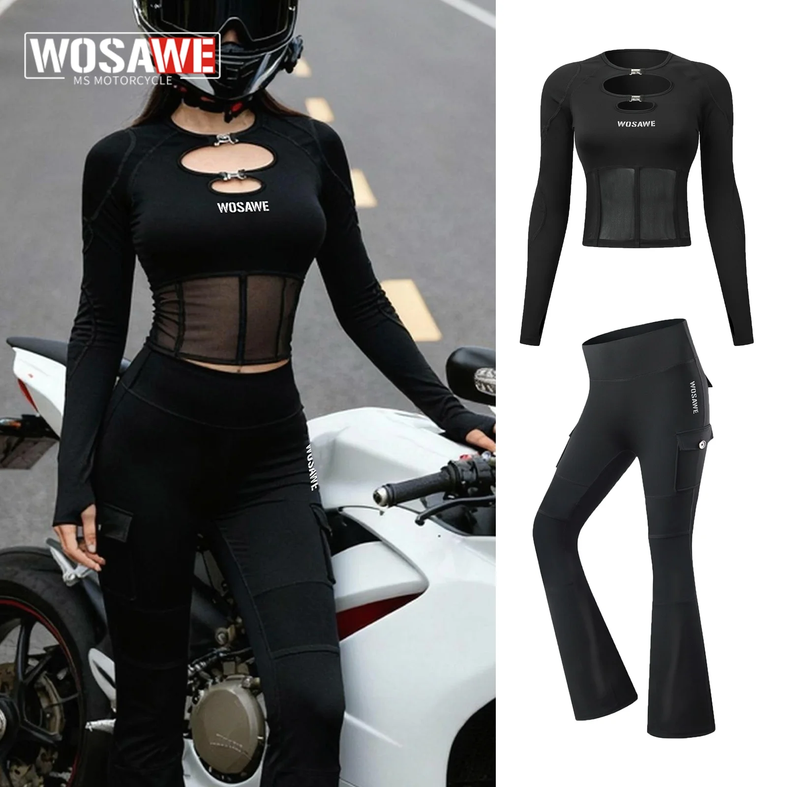 WOSAWE Women Motorcycle Jacket and Pants Set Summer Sexy Breathable Shirts High Waist Pants Fitness Sports Suit