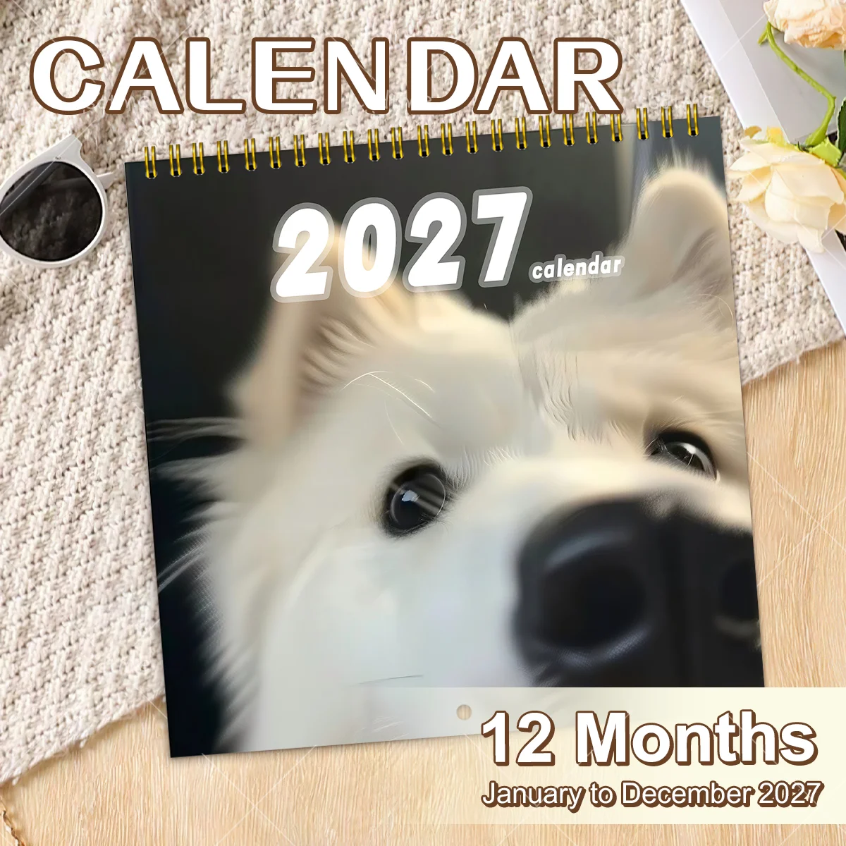 2027 Wall Calendar Cute Samoyed Dog Monthly Planner Spiral Bound Hanging Calendar For Home Office Decor Animal Lover Gift