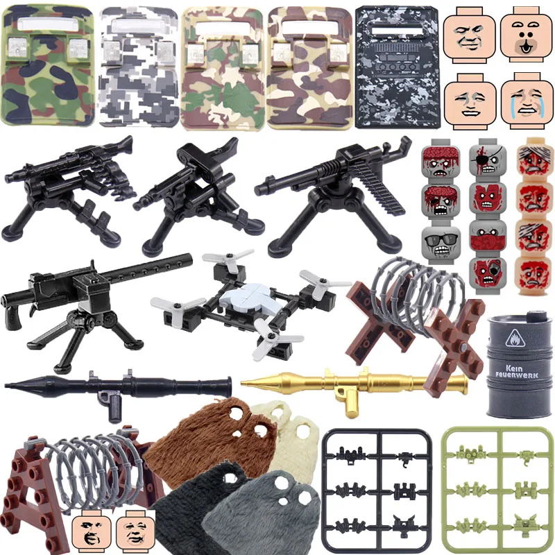 WW2 Military Building Blocks Figures Solider Gifts Weapons Guns Accessories Equipments Shields RPG Cloak Obstacle M1919A4 MOC