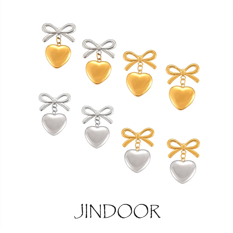 JINDOOR Titanium Steel Plated 18k Gold Bow Heart Women Pendant Earrings Fashion Personalized Metal Female Earring