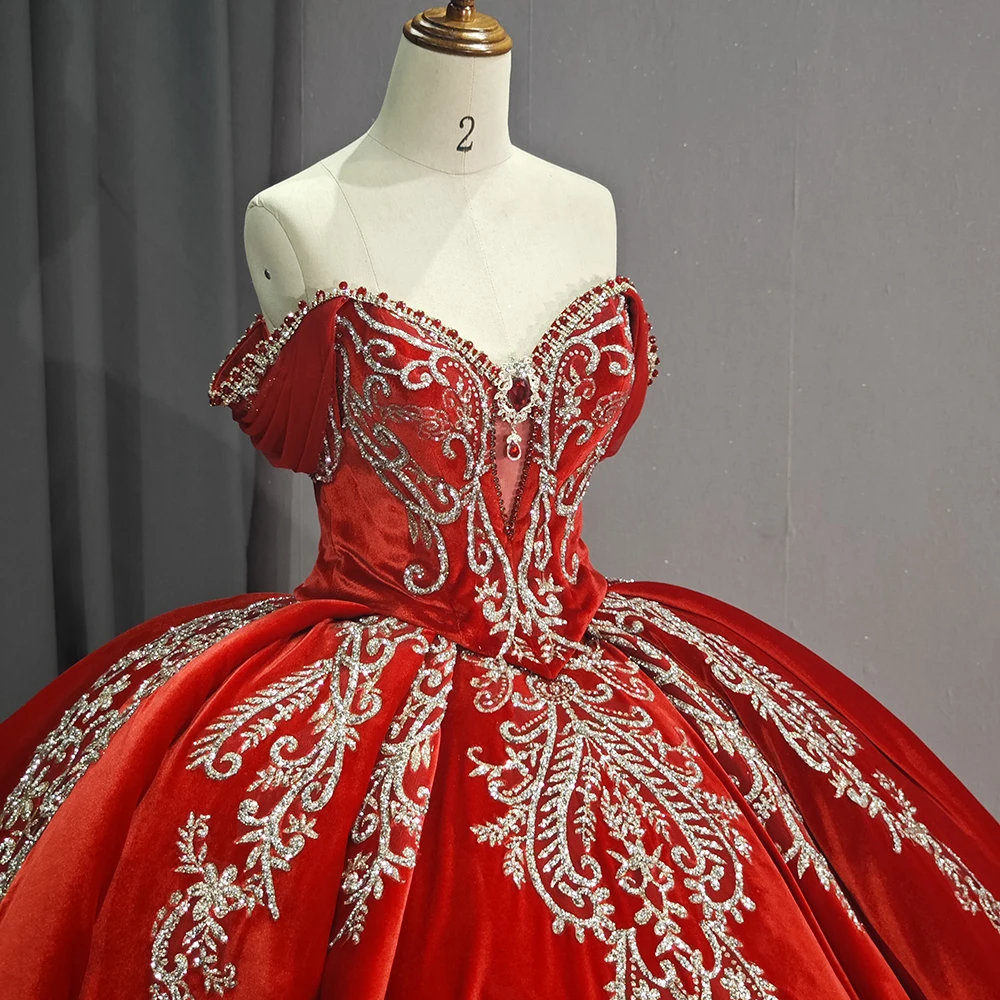 

Red Lace Dubai Arabic evening Dress maxi Long Sleeves Beaded Crystals Ruffles Quinceanera Dresses 6755