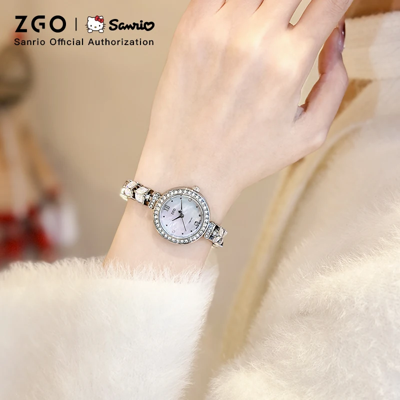 ZGO X Sanrio Hello Kitty Relógio de moda feminina à prova d'água cristal acentuado pulseira de prata relógio de quartzo presente para meninas 2172