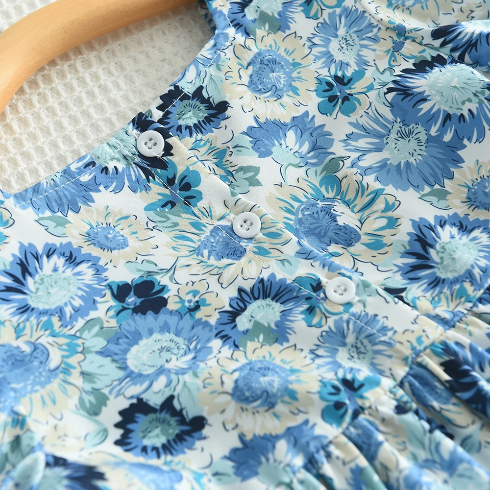 Kid\'s Dress For 2-6 Years Girls Blue Floral Short Sleeve Princess Dress Summer Fashion Kids Casual Dresses