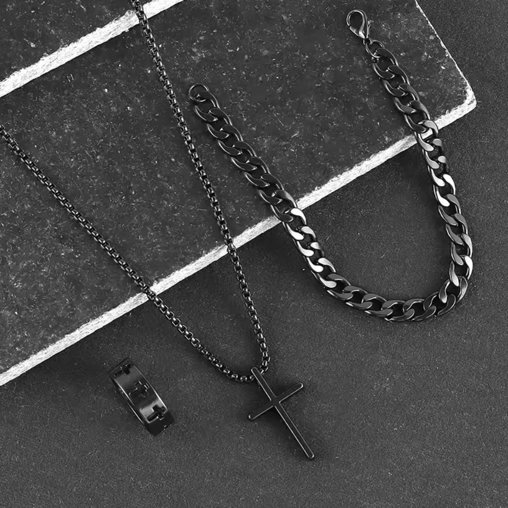3 teile/satz männer Metall Kreuz Anhänger Kette Halskette Armband Ring Schmuck-Set Männlichen Hip Hop Täglichen Verschleiß Zubehör