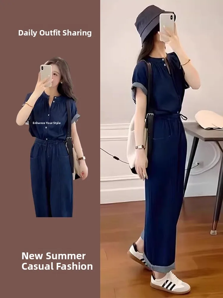 Summer Fashion Casual Slimming Denim Shirt Set High-Quality Elegant Youthful Style Polyester Fiber 100% Student Work Uniform