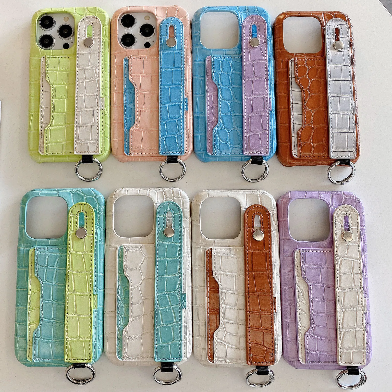 

Crocodile Pattern Leather Card Holder Case for iPhone 15 Pro Max 14 13 12 11 XR X, Metal Ring Hand Strap Kickstand Matte Cover