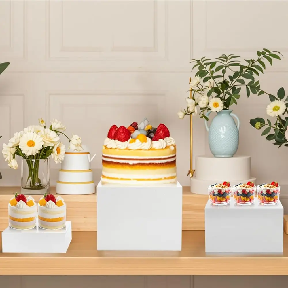 Set Of 3 Acrylic Cube Riser Hollow Bottom, Glossy White Buffet Riser Food Display Stand, 5 Sides Cupcake Stand Nesting Display
