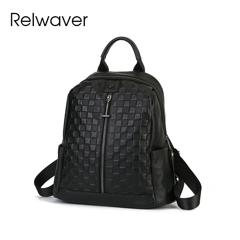 Relwaver genuine leather backpack black plaid pattern women backpack 2024 winter all match soft causal embossing travel backpack