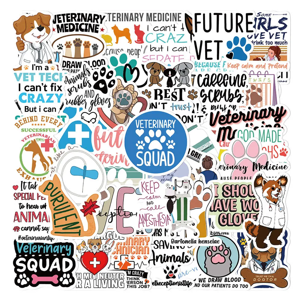 50 Stück Tierklinik Veterinär-Aufkleber Spruch-Graffiti-Aufkleber DIY Laptop Notebook Handy Wand Koffer Auto Cartoon-Sticker