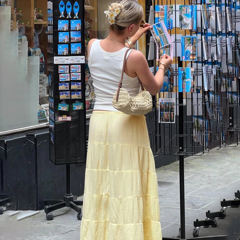 Tornova التنانير الصفراء غير رسمية للنساء عالية الخصر موضة فضفاضة كعكة تنورة مع خط فتاة ساخنة نادي حفلة تنورة طويلة 2026 جديد